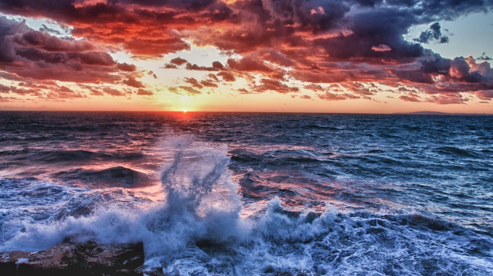 sunset, nature, waves, HDR, water, clouds, sea
