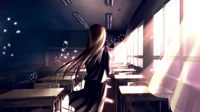 school uniform, classroom, anime girls, original characters, anime