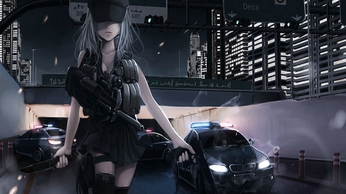 police, anime girls, FN P90, highway, anime