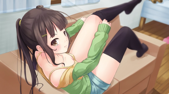 anime, original characters, thigh, highs, anime girls, couch, pigtails, twintails, brunette