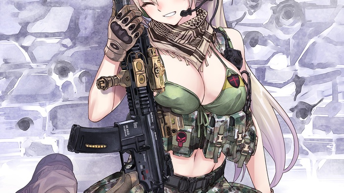 weapon, anime girls, anime, gun, original characters, HK 416, cleavage