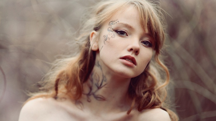 redhead, body paint, looking at viewer, girl, Olesya Kharitonova