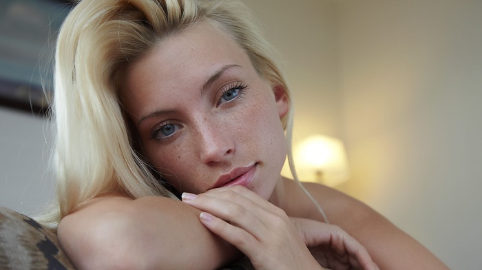 freckles, looking at viewer, Adele B, face, girl, blonde