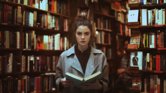 girl, reading, books, brunette
