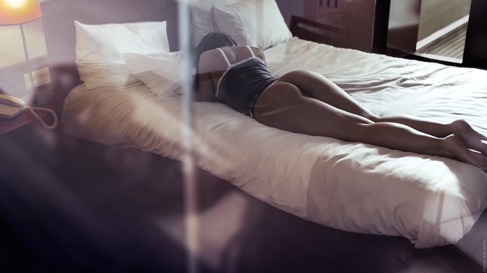 ass, thong, hazy, reflection, brunette, rear view, girl, David Ben Ham, Barbara Assorian, lying on front, in bed