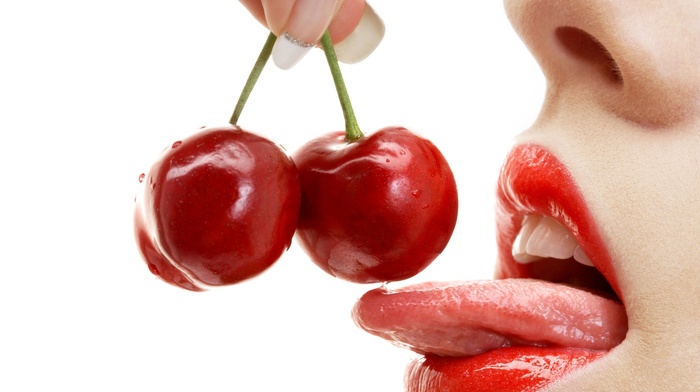 tongues, mouths, cherries food, red lipstick, girl