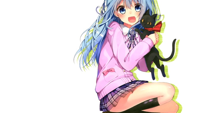 original characters, cat, skirt, blue hair, blue eyes, knee, highs, anime girls