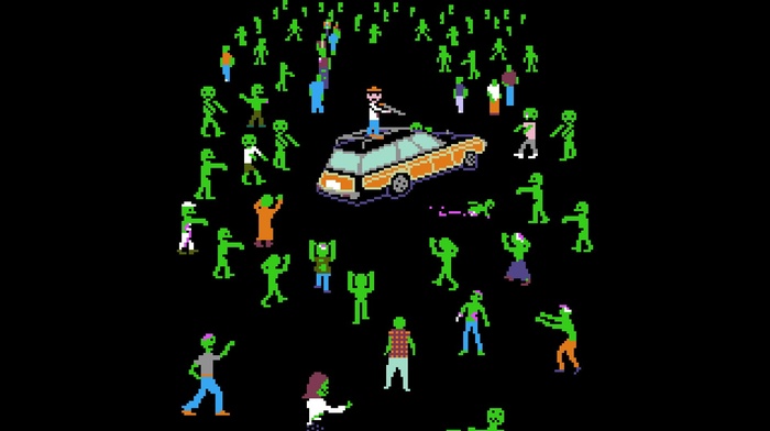 green, Shaun of the Dead, men, pixels, Organ Trail, Killer, gun, car, digital art, video games, retro games, zombies, black background, minimalism