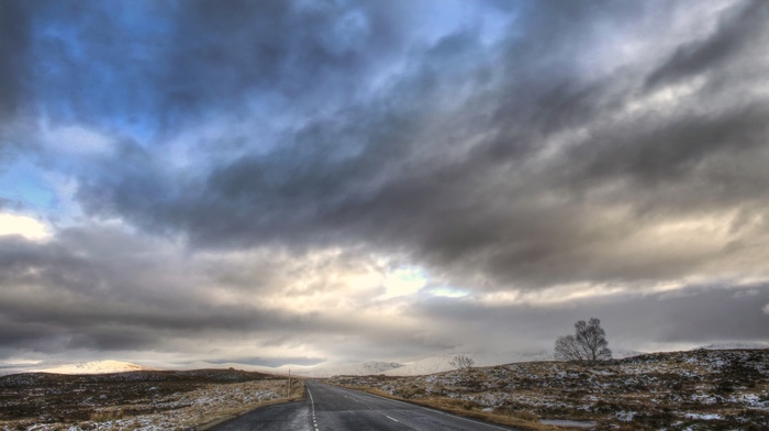 clouds, Scotland, road, landscape