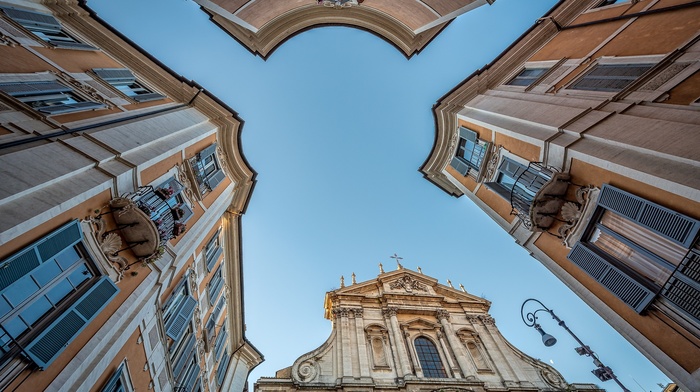 worms eye view, cross, cityscape, city, Italy, Rome, old building, window, church, clear sky, street light, distortion, balcony, fisheye lens, architecture, building