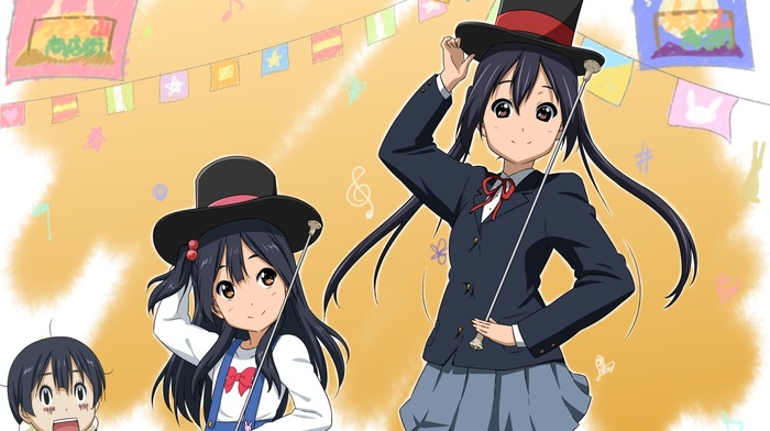 top hat, skirt, Kitashirakawa Tamako, twintails, anime girls, Azuki Azusa, schoolgirl, dark hair, long hair, Tamako Market, Kitashirakawa Anko, K, on