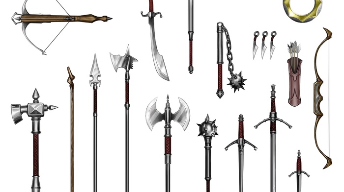 halberds, bow, spear, mace, crossbow, short sword, quiver, battle axe, scimitar, long sword, war hammer, flail, arrows