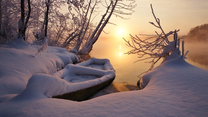 sunset, lake, winter, cold, snow, nature, landscape, trees, sunlight, boat, frost, mist