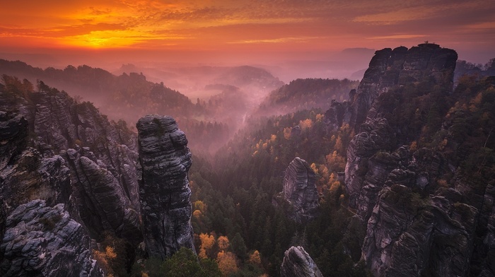 sky, mist, Germany, nature, forest, fall, sunset, landscape, mountains, rock, trees, clouds