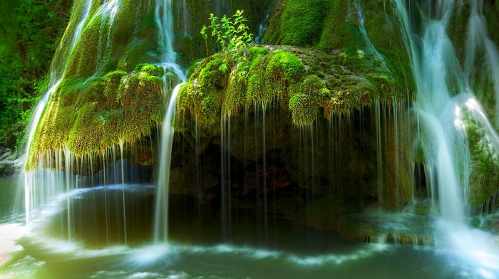 long exposure, Romania, landscape, nature, moss, green, morning, river, waterfall