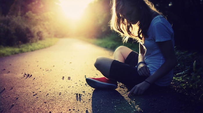 road, red shoes, girl, sunlight