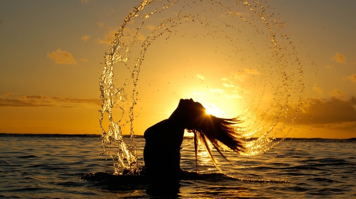 silhouette, sunlight, wet hair, girl, water