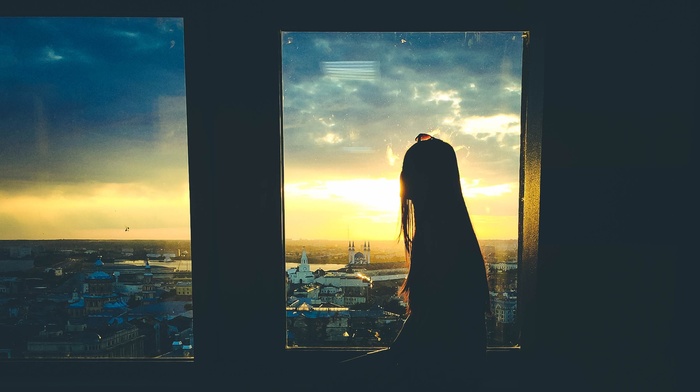 sunlight, silhouette, skyline, city, girl