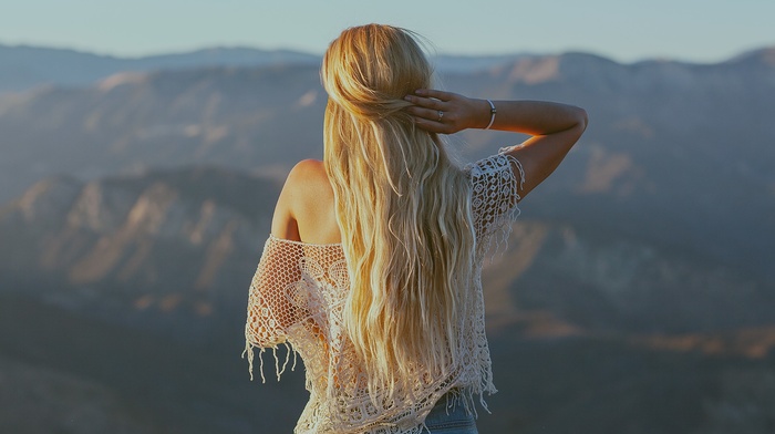 girl, hands on head, long hair, blonde