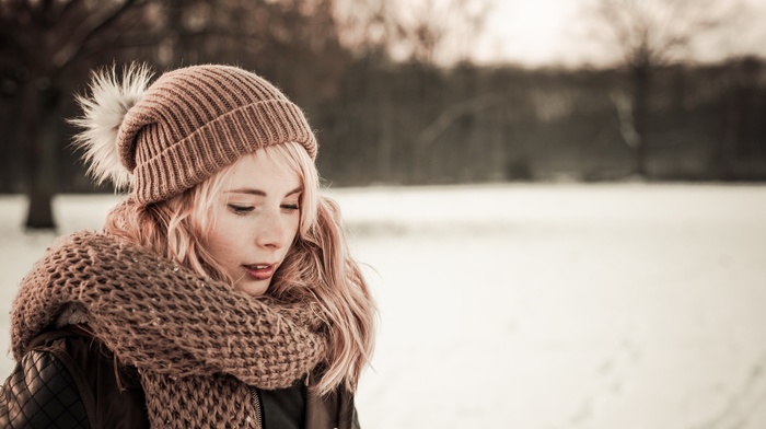blonde, girl, scarf, winter, hat
