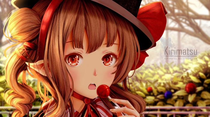 leaves, anime, lollipop, hat, red eyes, original characters, anime girls