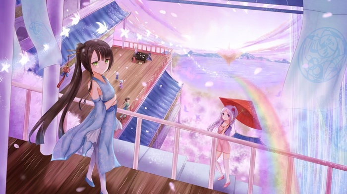 original characters, umbrella, cherry blossom, anime, anime girls