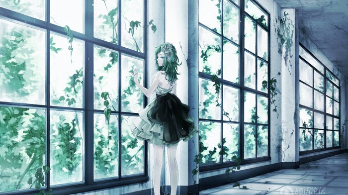 Megpoid Gumi, anime, window, Vocaloid, green hair, dress