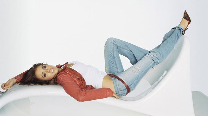 girl, high heels, couch, leather jackets, white background, lying on back, long hair, belt, blue eyes, brunette, looking at viewer, torn jeans, actress, open mouth, Lindsay Lohan, jeans