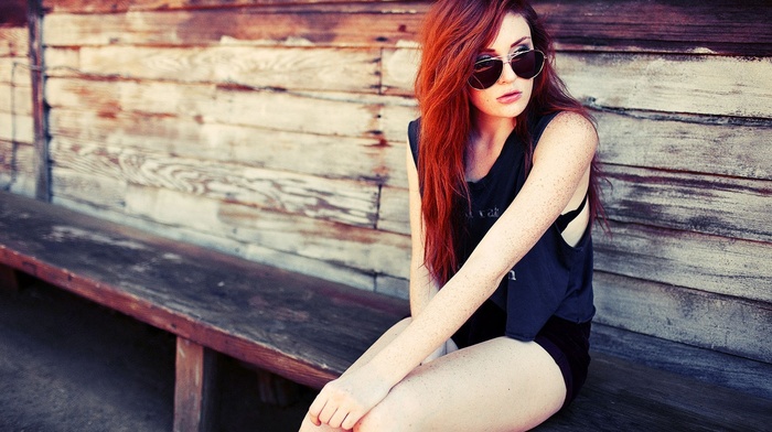 redhead, girl, sunglasses, bench