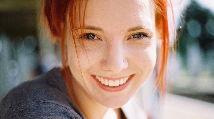 looking at viewer, face, piercing, blue eyes, redhead, smiling, girl