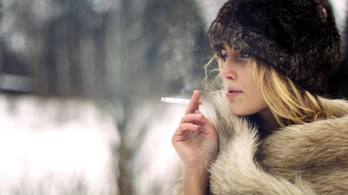 girl outdoors, smoking, girl, model, fluffy hat, blonde, fur coats