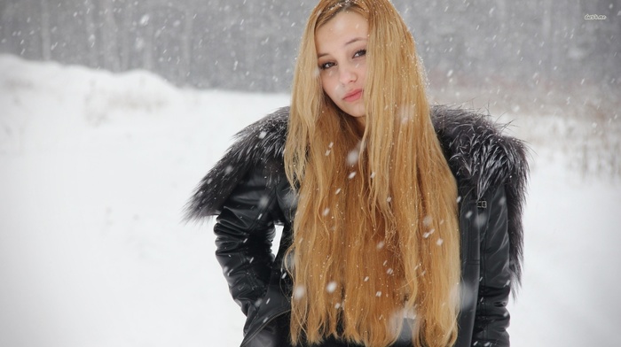 blonde, girl outdoors, snow, cold, long hair, girl, winter, looking at viewer
