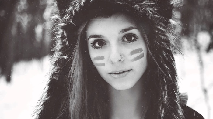 face paint, Fennek Suicide, monochrome, winter, girl, fluffy hat, nose rings, looking at viewer