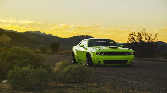 Dodge, Dodge Challenger, green cars, sunset, muscle cars