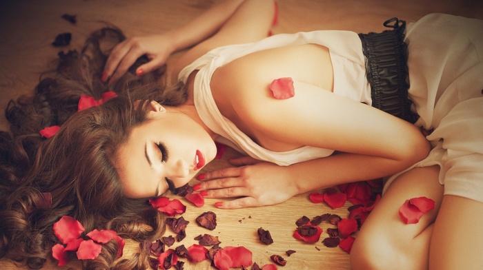 dress, white dress, red lipstick, brunette, lying on side, wooden surface, closed eyes, girl, flower petals, petals, on the floor