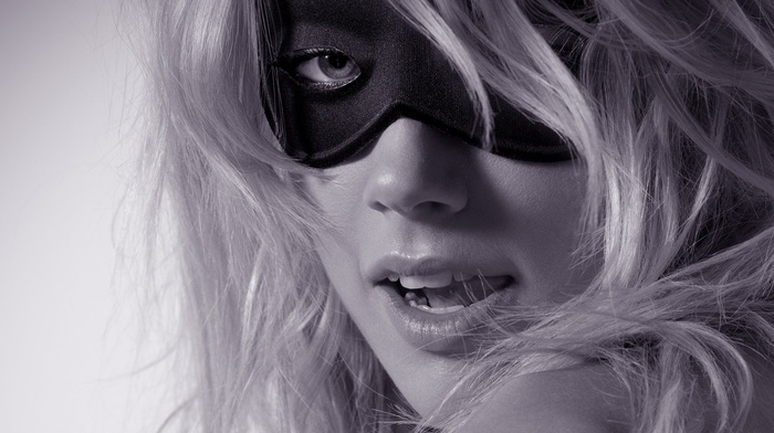 mask, girl, monochrome, open mouth, Amber Heard, looking at viewer, face, actress