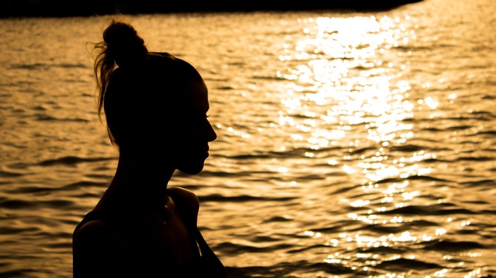 girl, silhouette, sunset, water