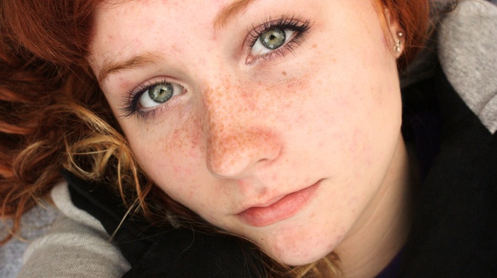 redhead, looking at viewer, freckles, blue eyes, girl