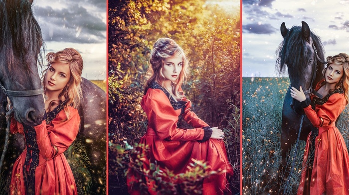 collage, model, animals, girl, horse