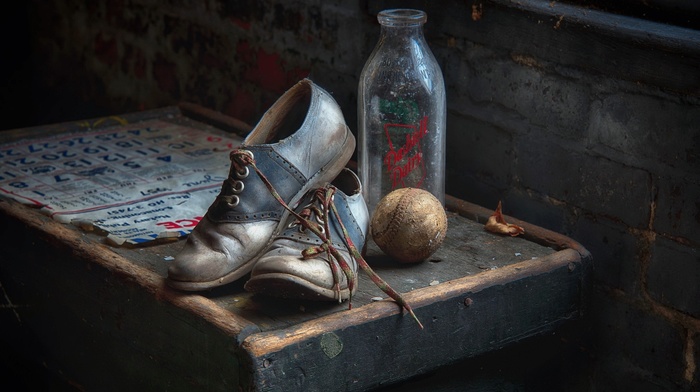 shoes, bottles, baseball, old