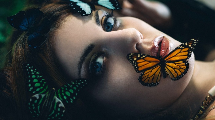 butterfly, model, girl, face, blue eyes