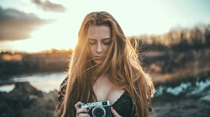 girl, cleavage, camera