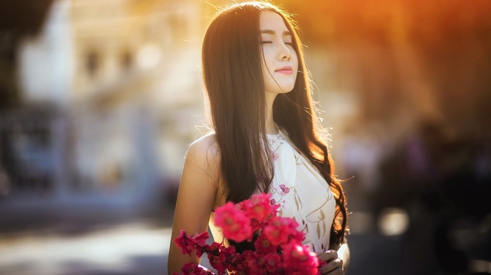 flowers, girl, Asian, model