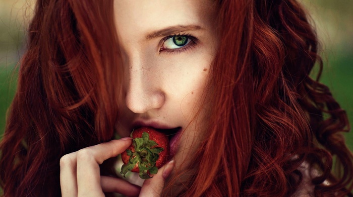 girl, redhead, looking at viewer, green eyes, strawberries, model