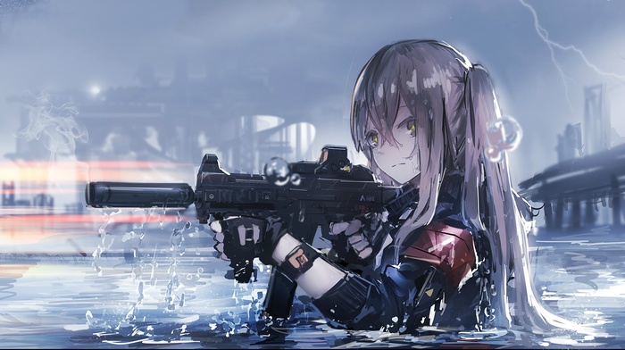 water, anime girls, weapon, gloves, HK UMP, anime, long hair, gun