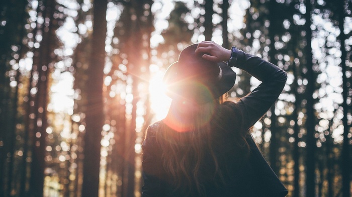 girl, forest, hat