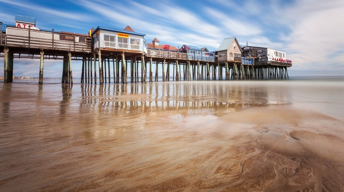 reflection, USA, sand, Old Orchard Beach, pier, low tide, beach, Maine