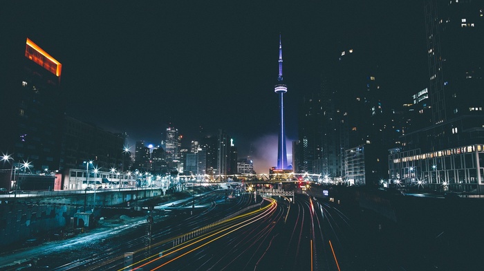 cityscape, light trails, railway, Toronto, night, long exposure, Canada