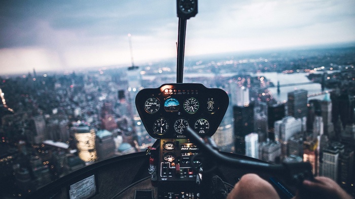 helicopters, birds eye view, New York City, cityscape, bokeh