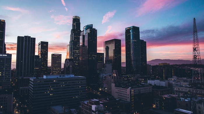 clouds, los angeles, skyscraper, mountains, cityscape, sunset, silhouette